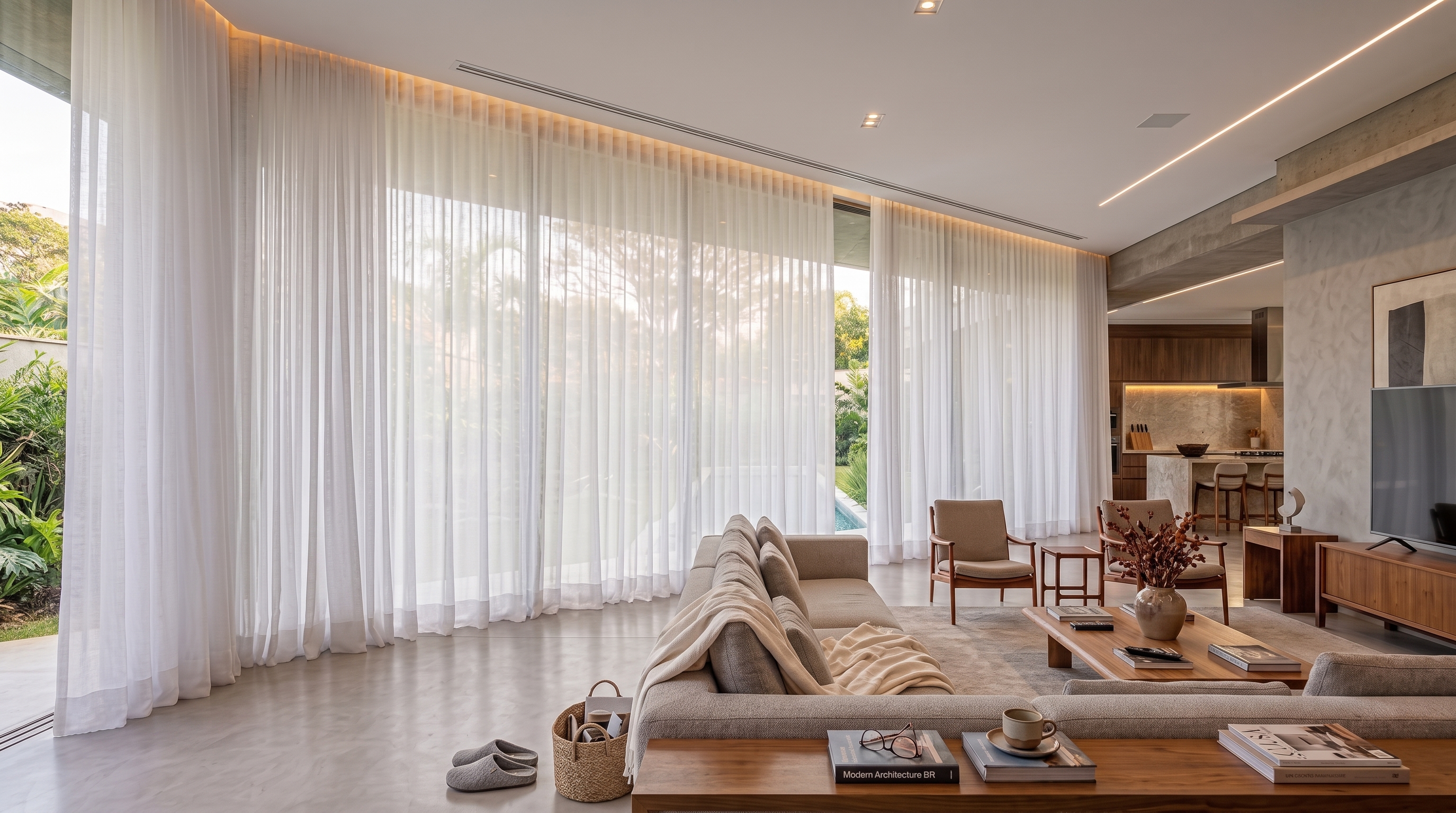 Sala de estar contemporânea com cortinas de linho e luz natural suave